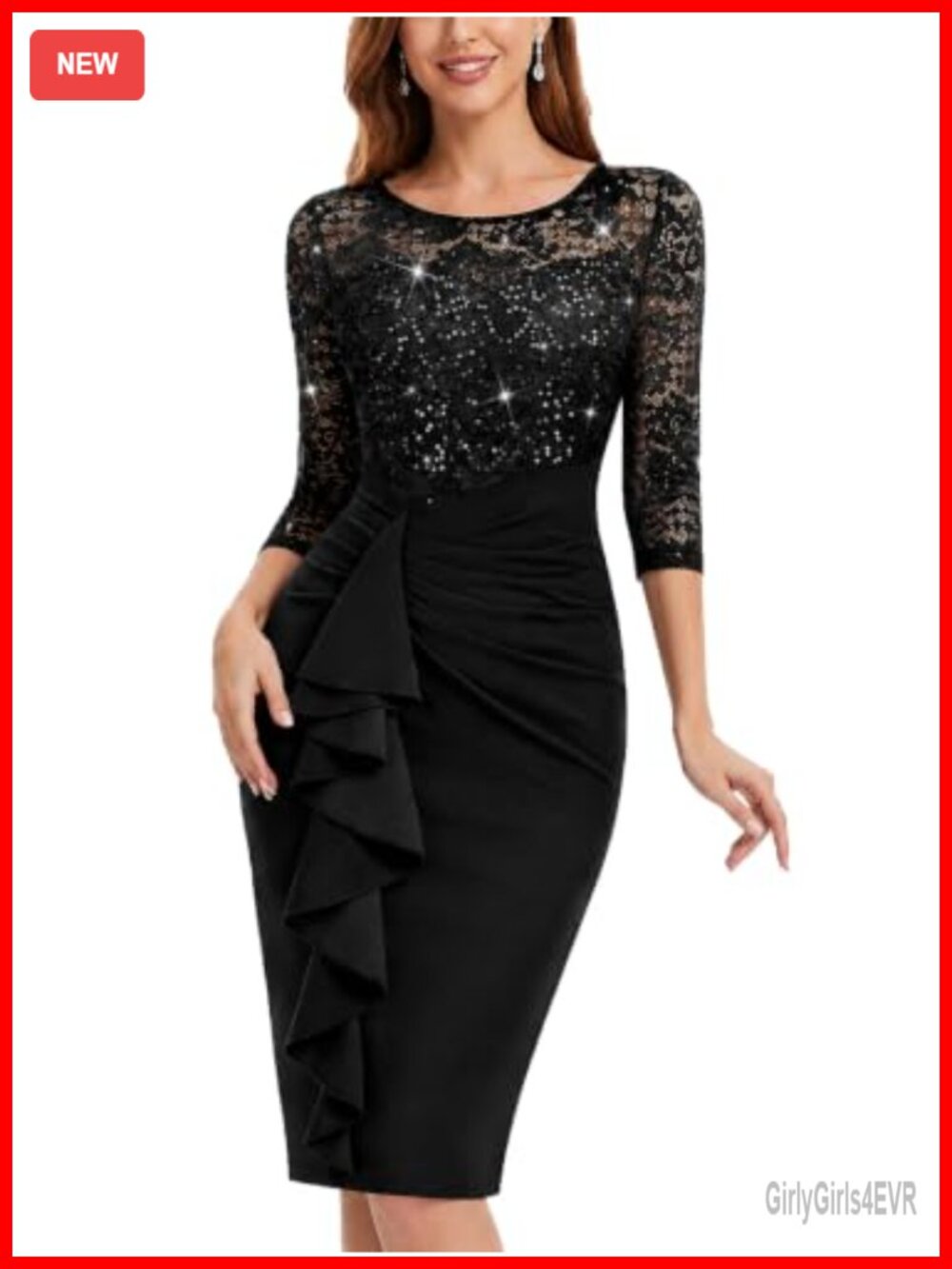 Sequin Lace Ruffle Bodycon Midi Dress Formal Evening Cocktail